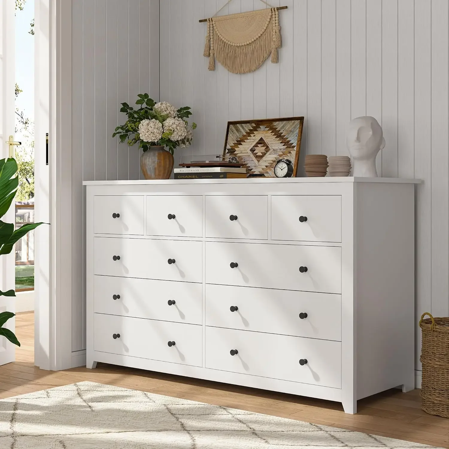 Commode en bois blanche avec rail en métal lisse, grandes commodes et coffres de proximité, commode pour chambre à coucher avec 10 égouts à proximité profonde