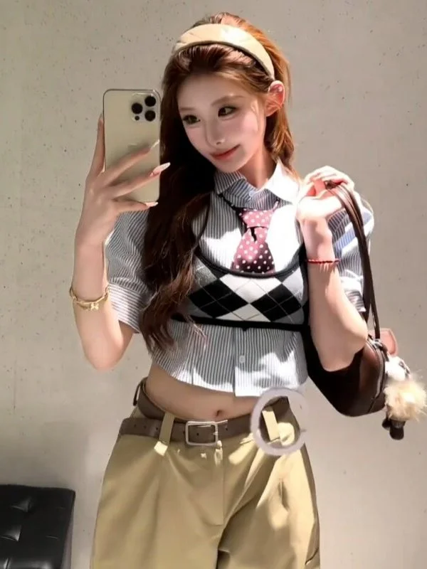 

Spring Summer Fashion Anti-Aging Three-Piece Set Women's College Style Button-Up Shirt Strap Vest Tie Short Sleeve Collared
