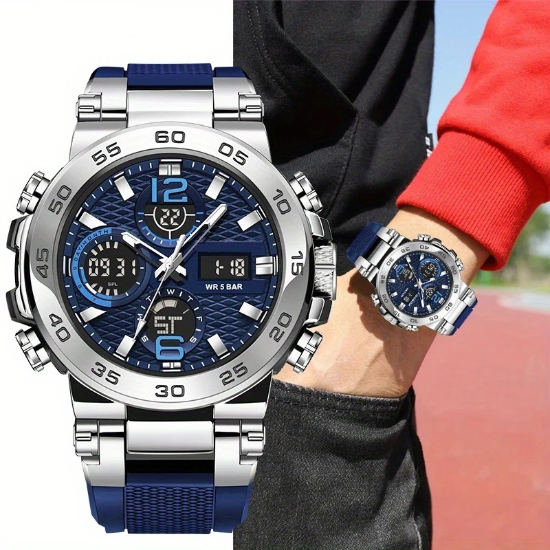 Outdoor Men's Sports Electronic Watch Multifunctional Dual Display Alarm Clock Timing Suitable for Teenagers or Students