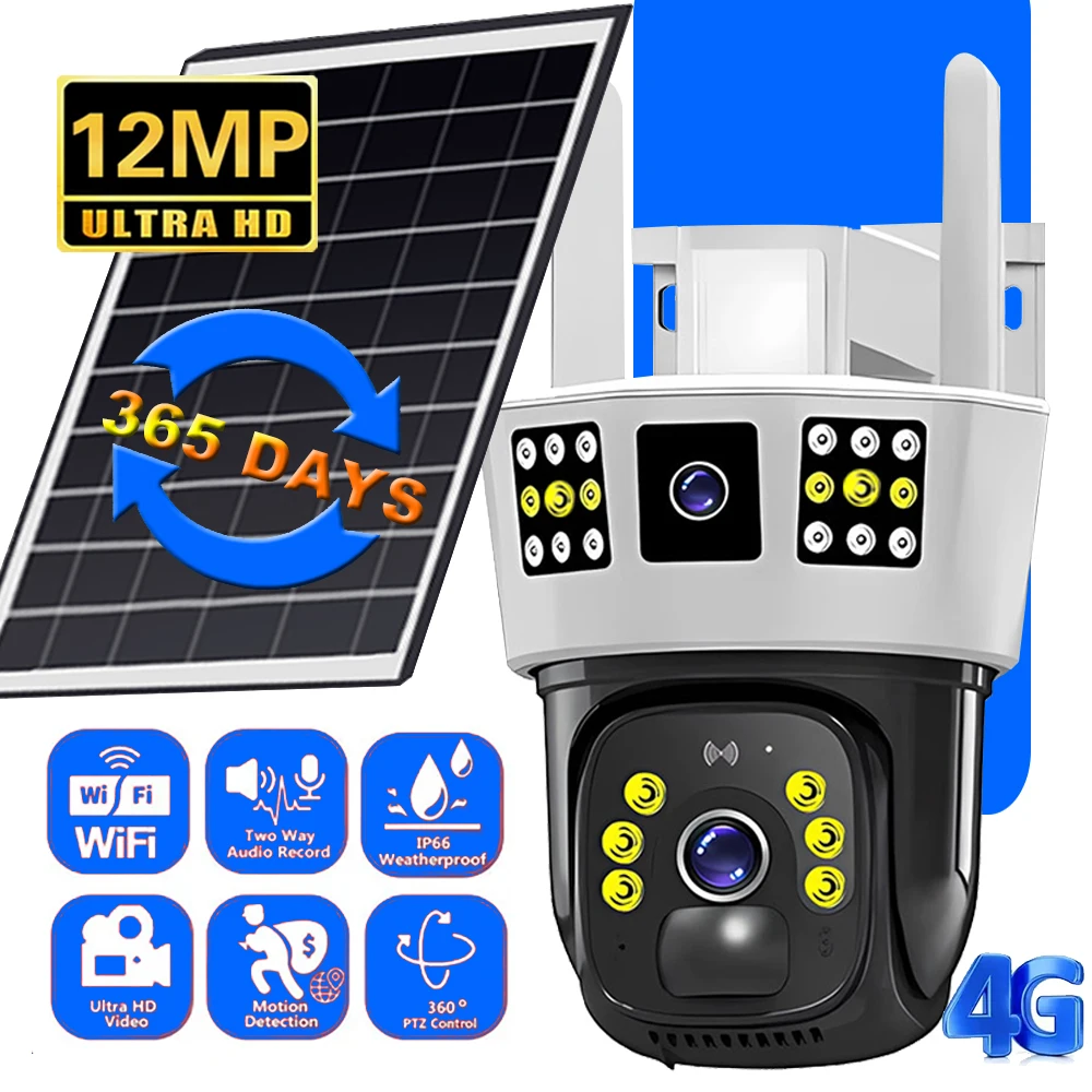 4G SIM Card Wifi 12MP Solar Camera 6K Outdoor IP Wireless Home Security CCTV Surveillance PTZ Night Vision PIR Human Detection