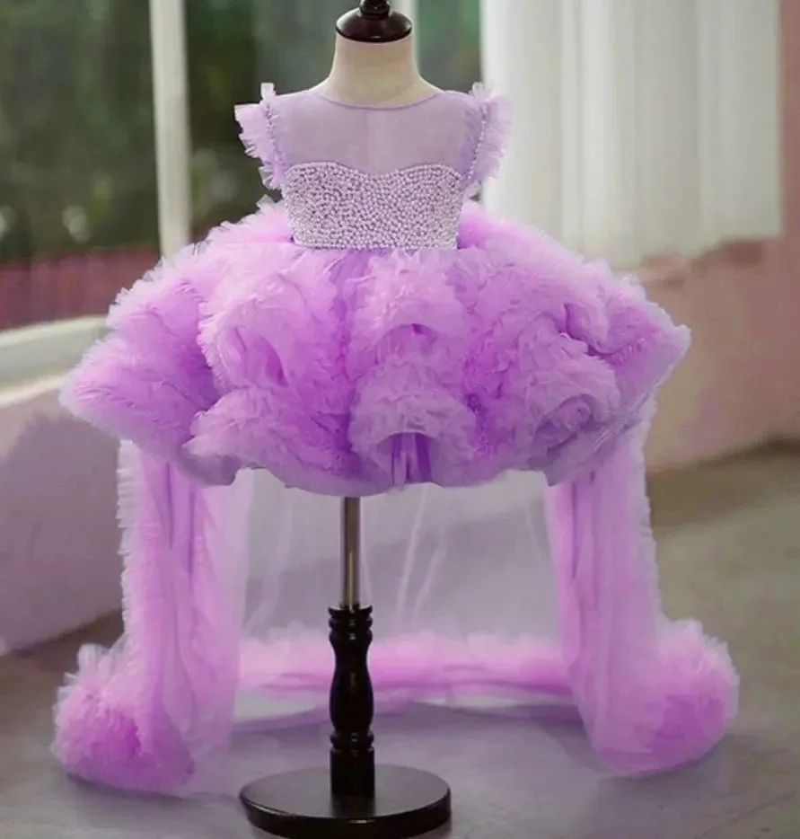 Custom Flower Girl Dress Wedding Gown Birthday Party Pageant Dress Beaded Ruffle Tulle Train Princess Dress For Girls فساتين بنا