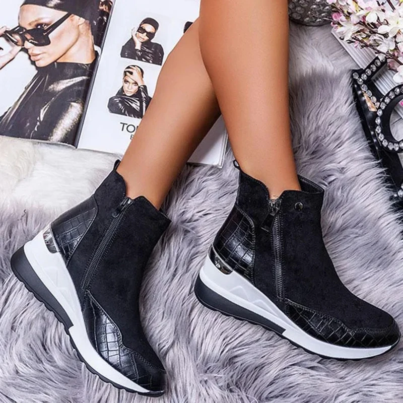 Damenstiefel Herbst Winter Neue Niedriggeschnittene Vulkanisierte Schuhe Dickbesohlte Keil- und Knöchelstiefel Reißverschluss-Sneaker Damenschuhe Übergrößen – Detail 9