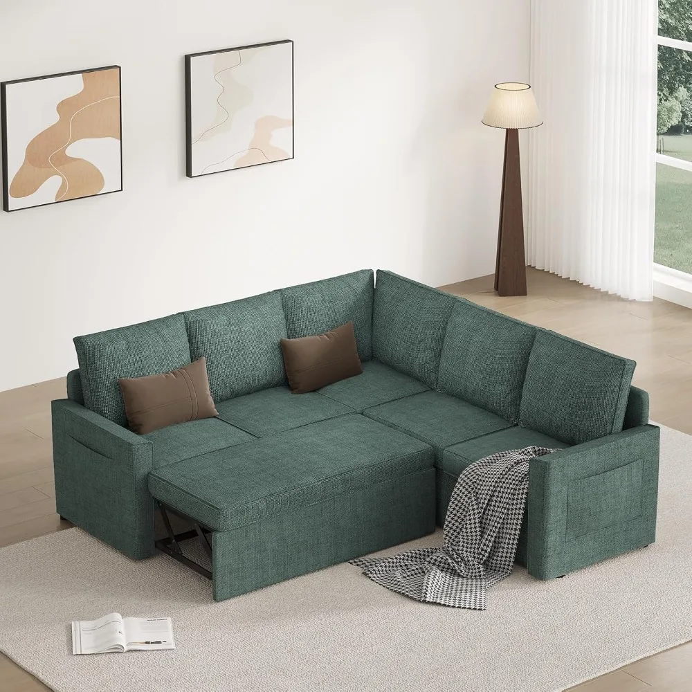 Large L Shaped Sectional Sofa with Pull Out Bed, Premium Linen Modular Sectional Sofa, 78'' Sofa, Convertible Sleeper Sofa Bed