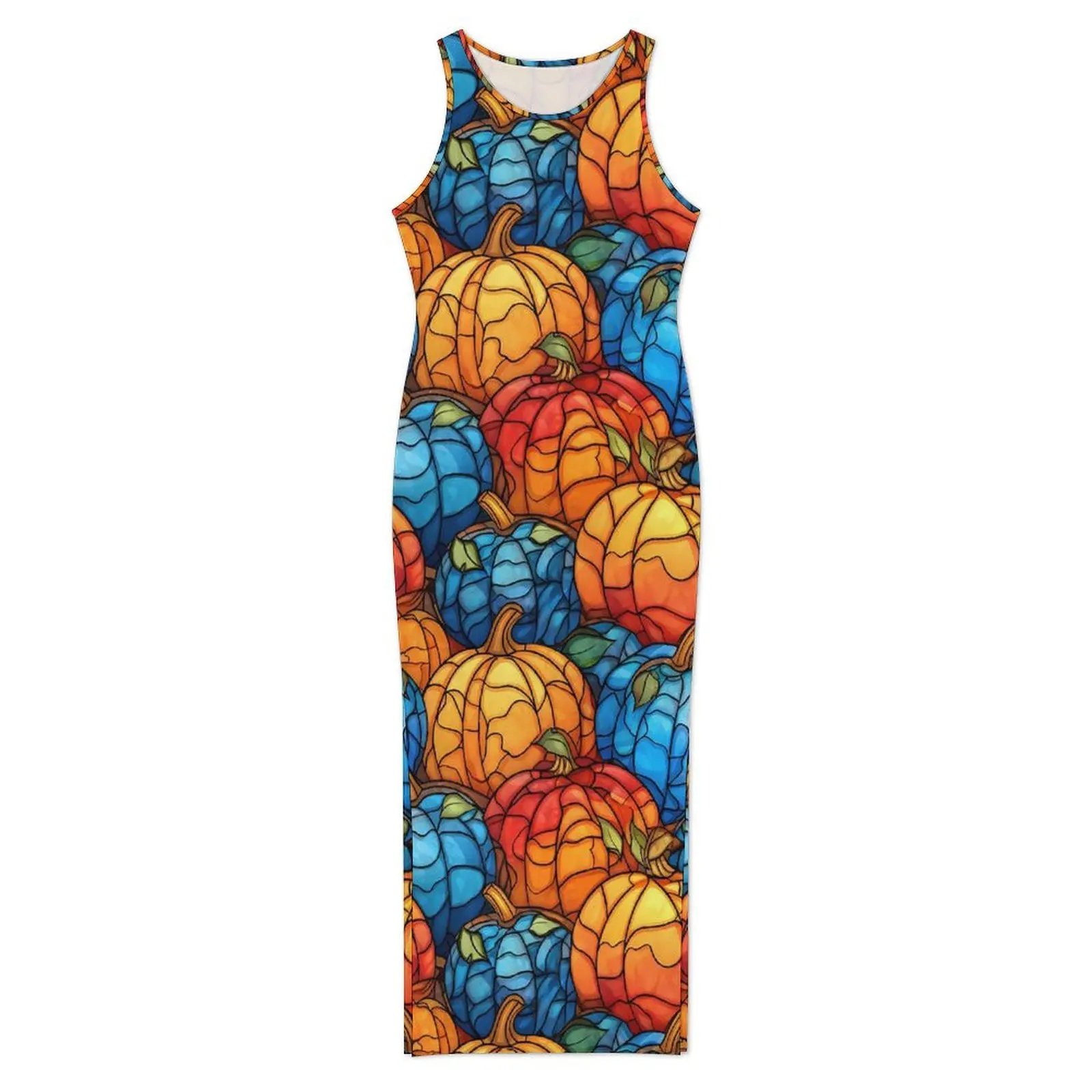 Abito con zucche in vetro colorato senza maniche blu e arancione Abiti lunghi alla moda Abito aderente casual Lady Graphic Vestido di grandi dimensioni