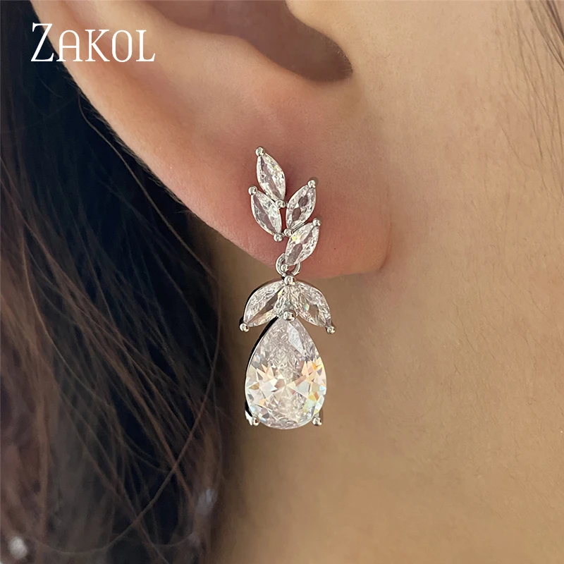 ZAKOL Shinny Water Drop Cubic Zirconia Dangle Earrings for Women Simple Leaf Birdal Earring Fashion Party Wedding Jewelry