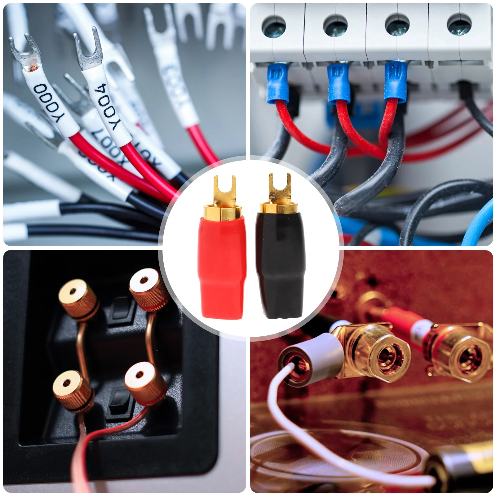 

2Pairs Premium 0 Gauge Crimp Terminals Gold Plated Fork Terminal Speaker Wire Connectors Red Black Audio Cable