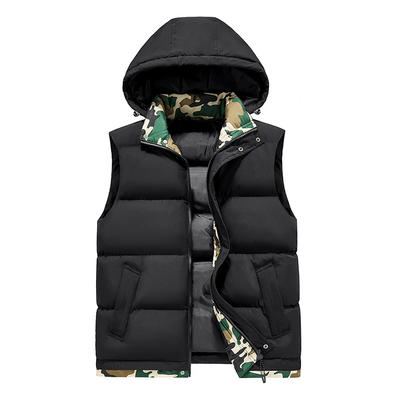 Autumn and Winter Warm Vest Jacket Men's Cotton Vest Outdoor Casual Down Cotton Jacket Hooded Vest Coat New Camouflage Patchwork