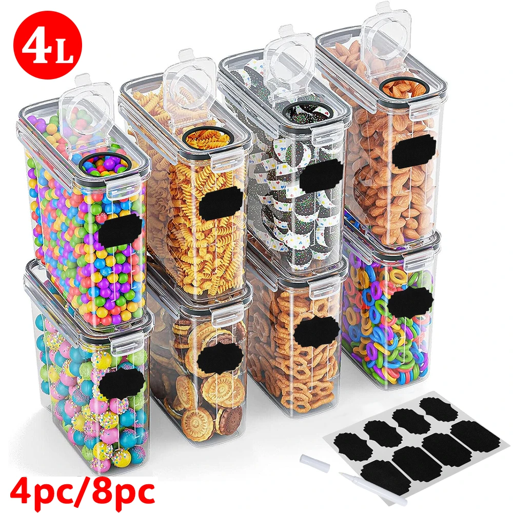 Juego de contenedores de alimentos de 4 piezas/8 piezas, tanque de almacenamiento de 4L, contenedor de almacenamiento de cereales hermético, caja de almacenamiento de alimentos sellada, tarro seco de dulces y cereales