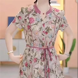 V-Neck Printed Chiffon Dress 2023 Summer New Fashion Beautiful Slim Waist Lace-Up Popular Elegant Long A-Line Dress Ladies Eeleg