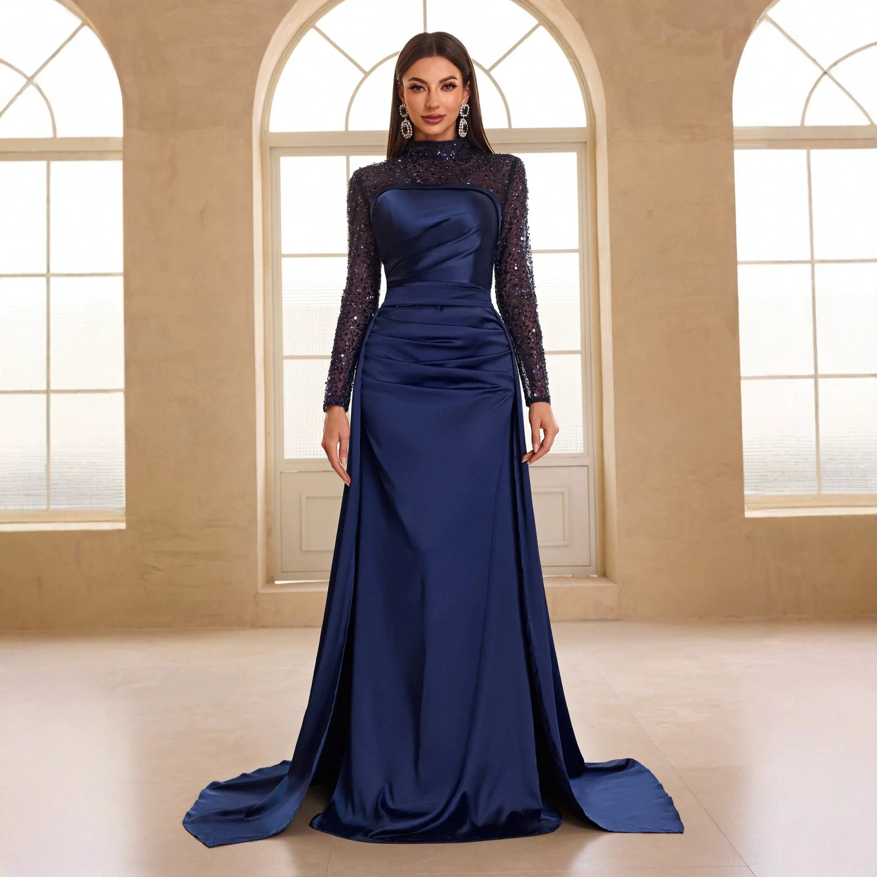 Women Dark Blue Satin Train Maxi Dress Sequin Long Sleeve Mock Neck Ruched Formal Gala Wedding Guest Gown