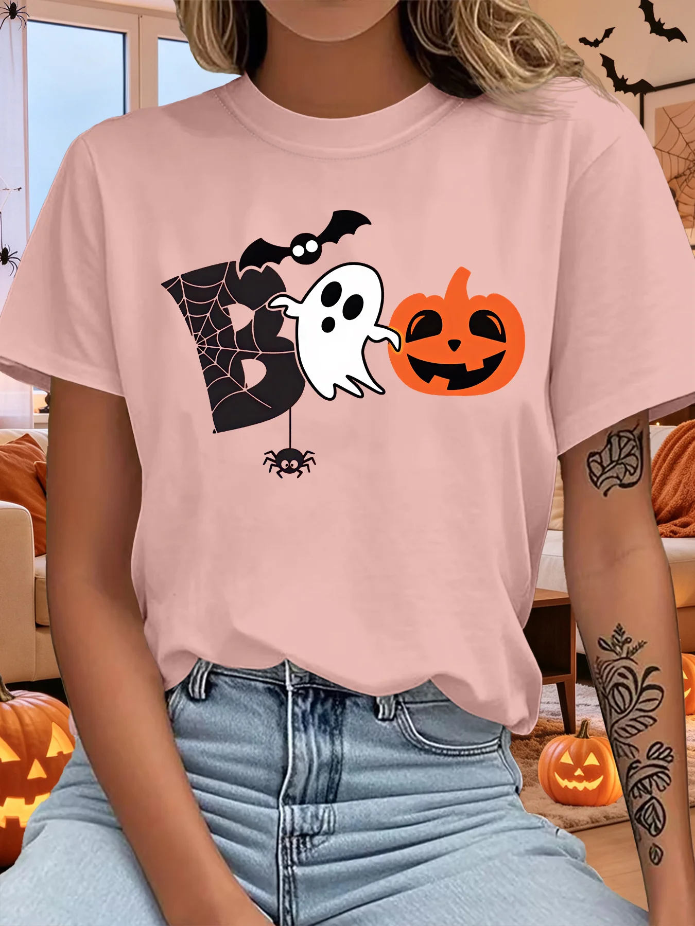 Cute Boo Ghost Pumpkin Bat Spider Web Halloween Cartoon Art Print Graphic Ladies T Shirt Short Sleeve Crew Neck Casual Tee Tops