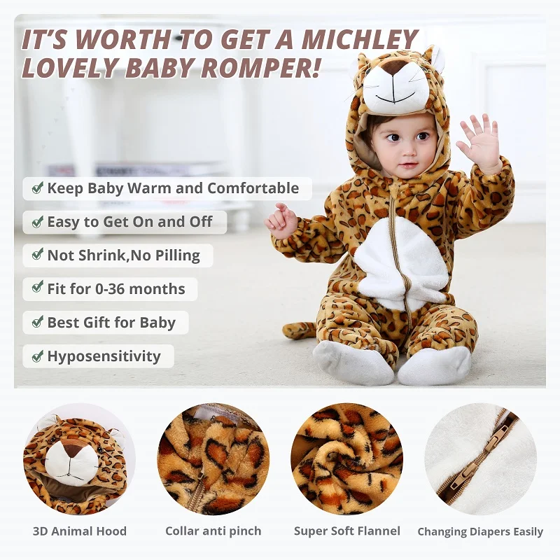 MICHLEY Halloween Dinosaur Leopard Winter Baby Romper Infant Costume Clothes For Newborn Boys Flannel Cute Bodysuit Pajamas Bebe