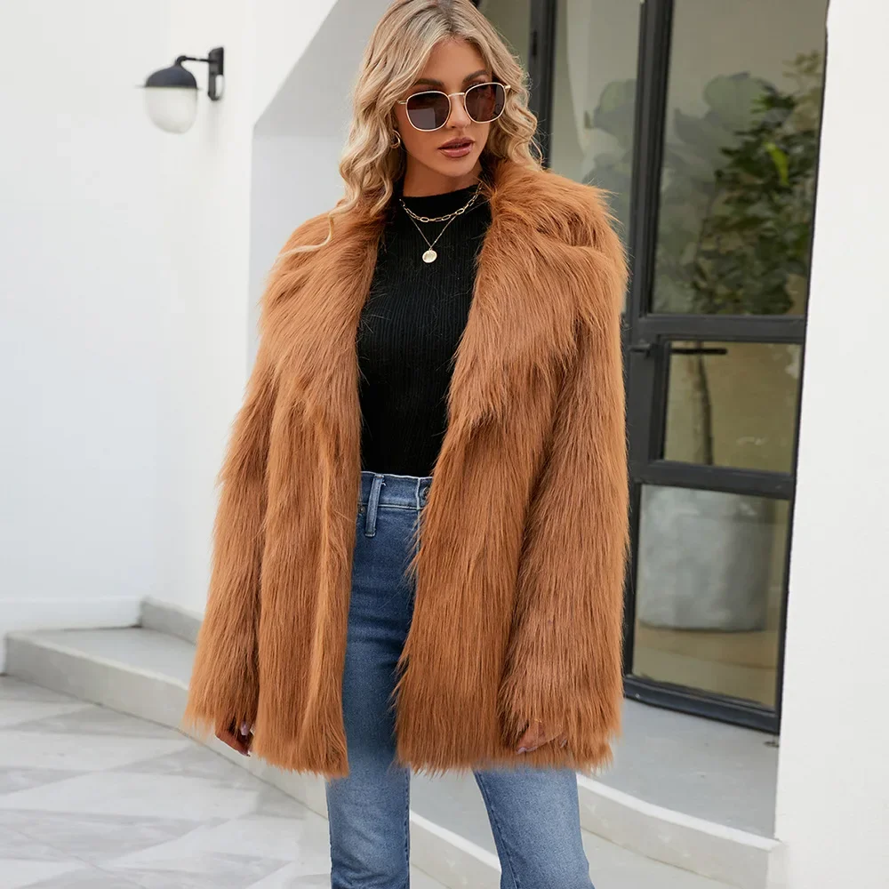 2024 High Street Women\'s Fashion Slim Faux Fur Medium Long Turn-down Collar Coat Jacket Winter Faux Fur Office Lady Coat Women