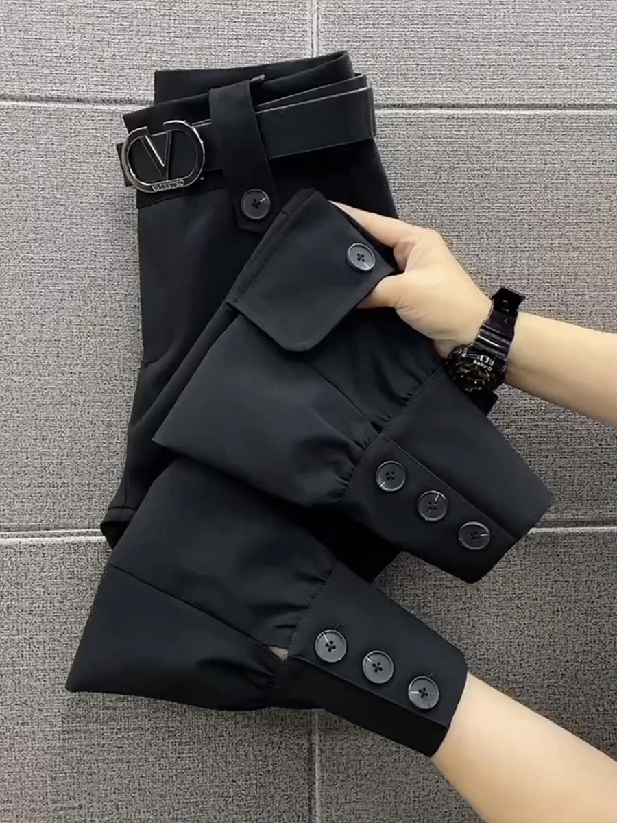 

Black Workwear Pants Women's Loose Versatile Thickened Cuffed Boots Pants High Waist Zipper Closure Casual Slimming Tr...