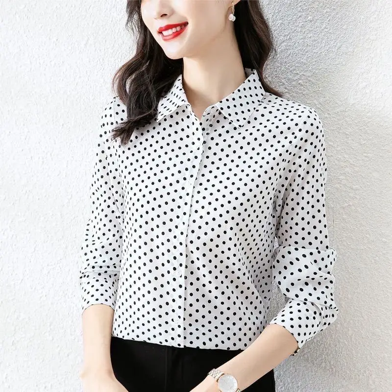 Office Lady Polka Dot Printed Shirt Spring Summer Long Sleeve Korean Single-breasted Female Clothing Casual Polo-Neck Blouse New