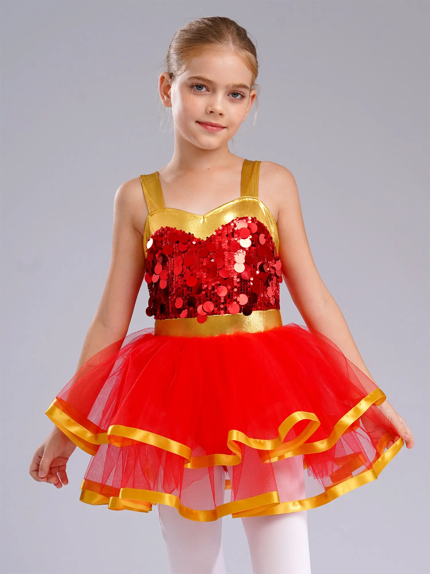 Girls Ballet Dress Sequins Tutu Children Latin Jazz Dance Costume Kids Rhythmic Gymnastics Leotards Mesh Figure Skating Dress