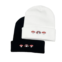 1pcs Fashion Knitted Hat Trendy New Cute Three Mushroom Embroidery Cap Couple Gift Outdoor Autumn And Winter Black White