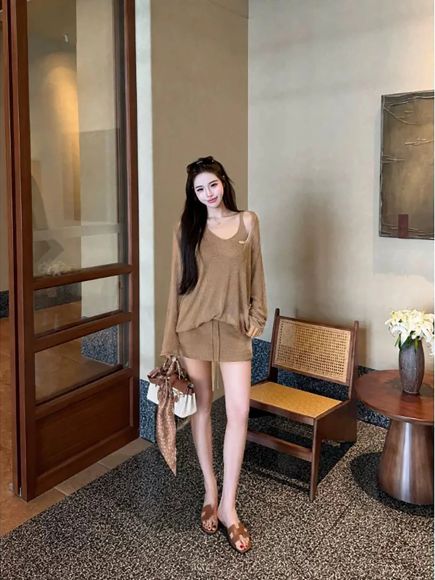 Loose Feelings Summer Set Long Sleeve Cover up T-Shirt Women's High Waist  Skirt Brown Three Piece Set Casual Fashion