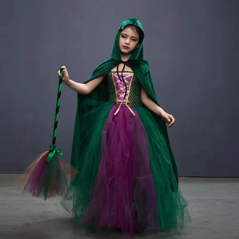 Disfraz para niñas Hocus Pocus Salem disfraz de hermanas de bruja niños vestido elegante de Halloween vestido tutú con capa para traje de fiesta Cosplay