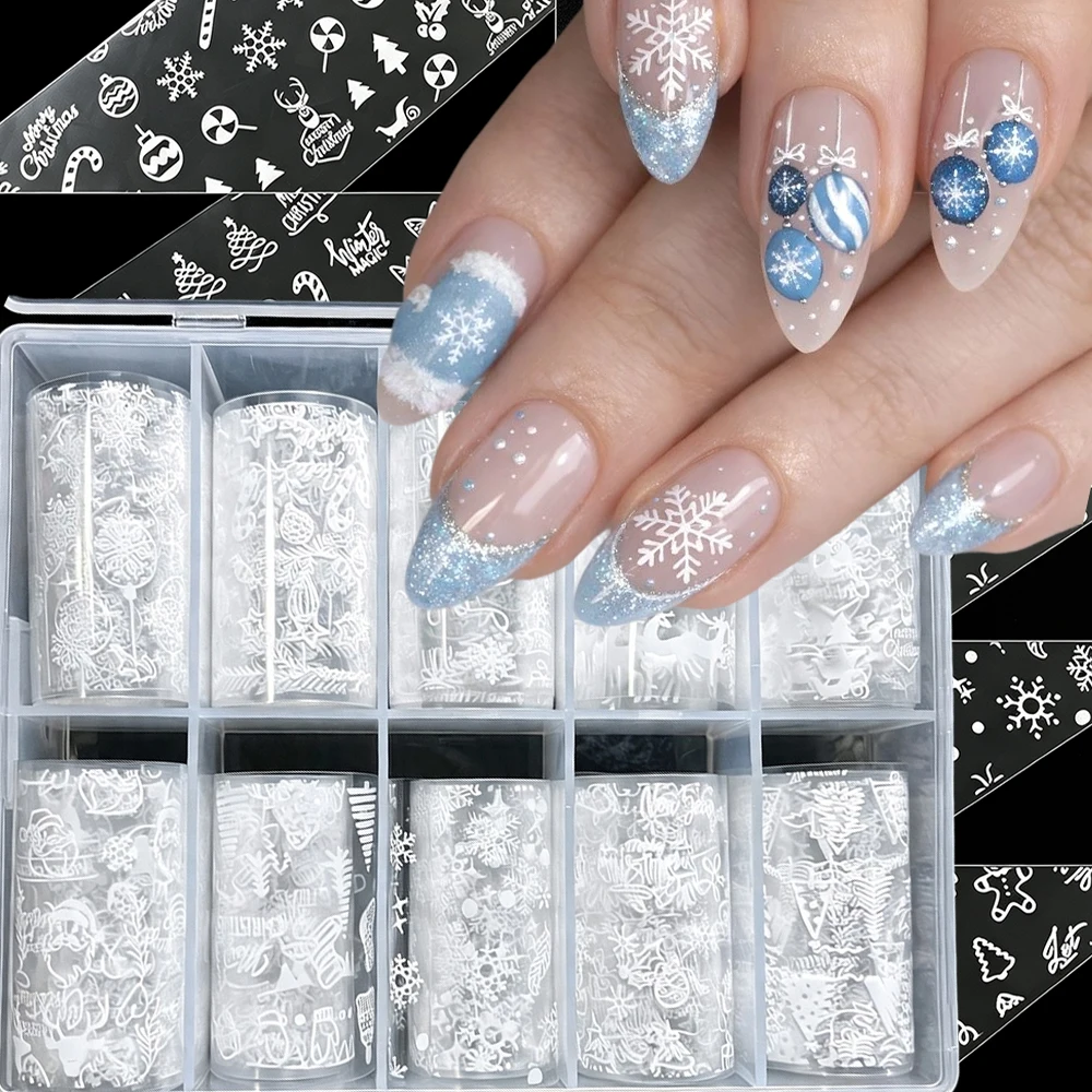 10Roll White Christmas Nail Art Transfer Stickers 3D Snowflake Reindeer Christmas Tree Snowman Gingerbread Man Nail Foil Decals