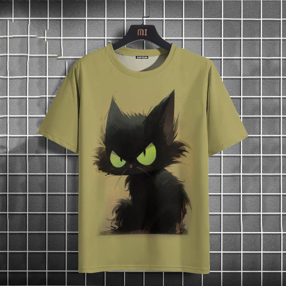 Casual T-Shirt For Men Funny Animal Black Cat Short Sleeve Tee Summer Oversized Streetwear Hip Hop Sweatshirt Men's Clothing Top