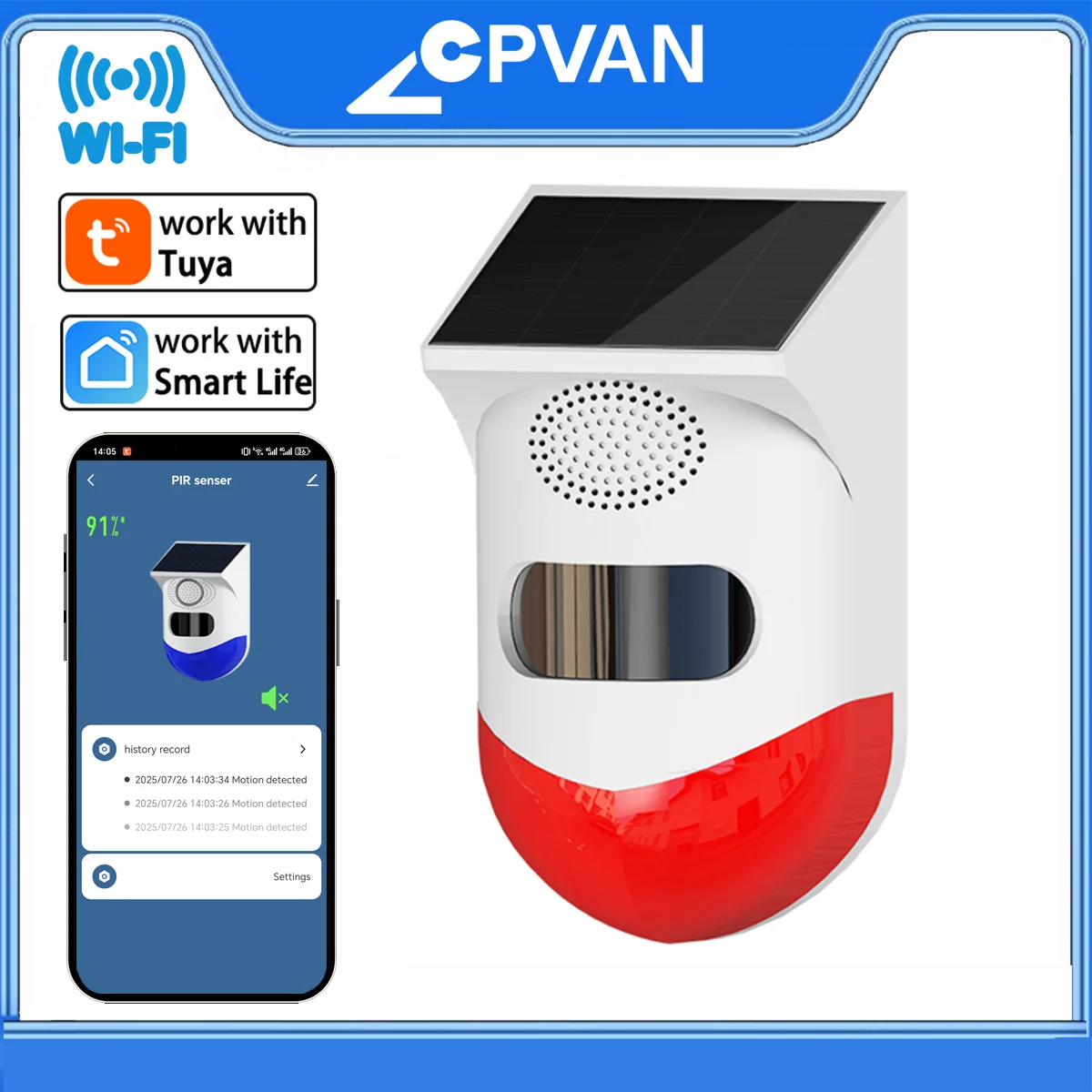 

CPVAN WIFI Tuya PIR детектор движения датчик сигнализации 120 дБ солнечная сирена для домашней охранной сигнализации инфракрасная сигнализация