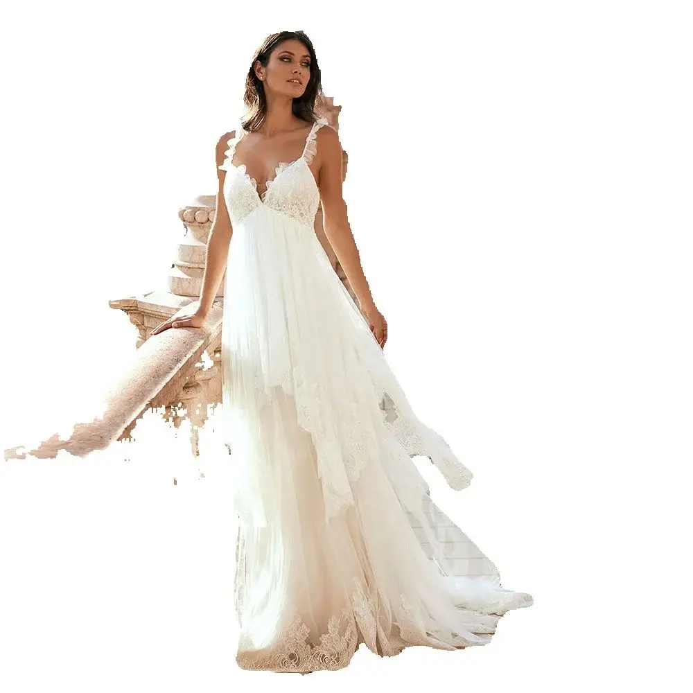 カスタマイズされた魅力的なエンパイアのウェディングドレスレース 2025 ブライダルドレスノースリーブの花嫁ドレスストラップ付きウェディングドレスバックアウト