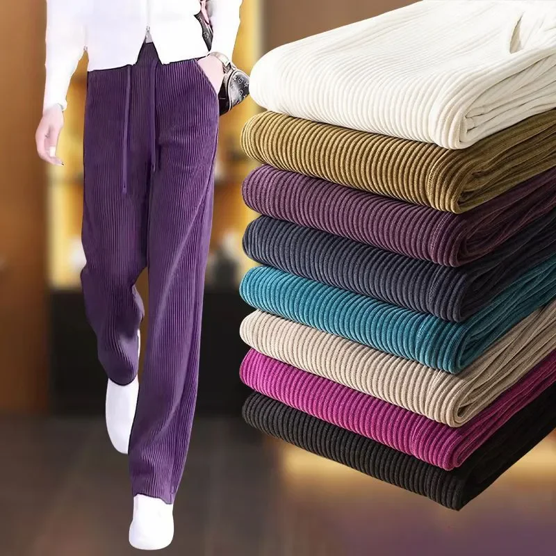 Autumn and Winter New Large Size Corduroy Wide Leg Pants Women Trousers Straight Brown Pants Woman Lady High Waist Purple