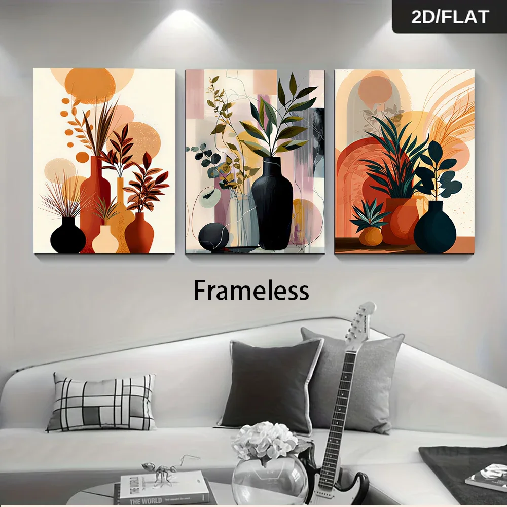 Multiple sizes 3pcs frameless Canvas Paintingmodern minimalist green plant triptych, frameless 2D artwork for sofa background wa