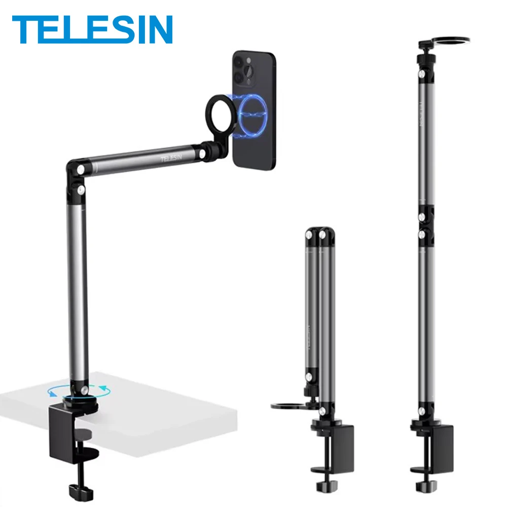 TELESIN Magnetic Quick Release Mobile Phone Photography Desk Clip Stand Holder Aluminium Alloy Stand For iPhone 16 15 14 SAMSUNG