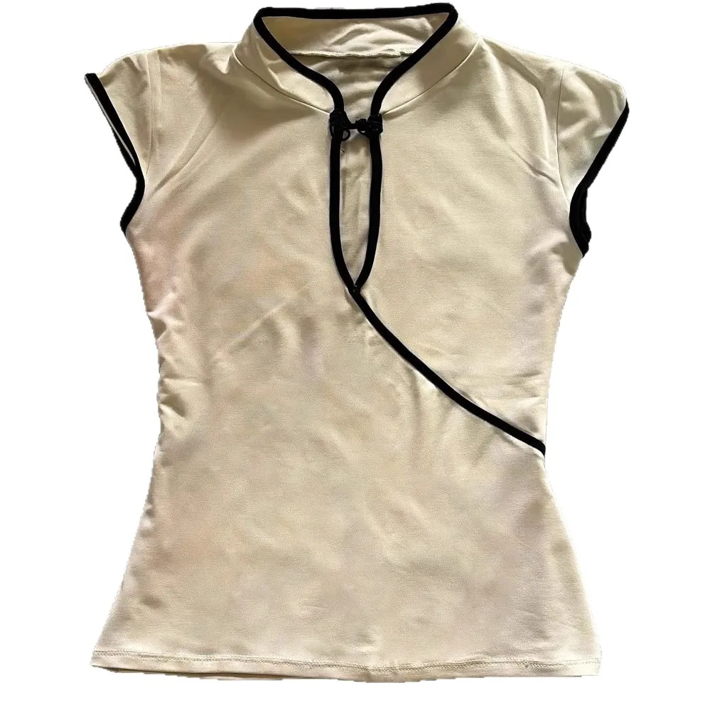 Damen-Bluse im chinesischen Stil, beige, Cheongsam-Bluse, Vintage-Stil, Stehkragen, kurze Ärmel, bauchfreies Oberteil mit asymmetrischem Froschknopf und Schlüsselloch – Detail 6