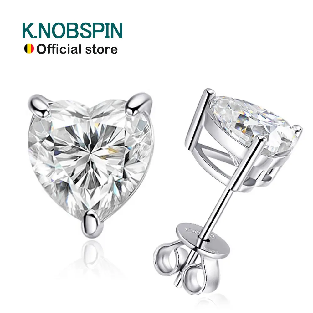 

KNOBSPIN D VVS1 Heart Moissanite Earrings for Women GRA Certified Lab Grow Diamond Solid 925 Silver Plated 18k Gold Stud Earring