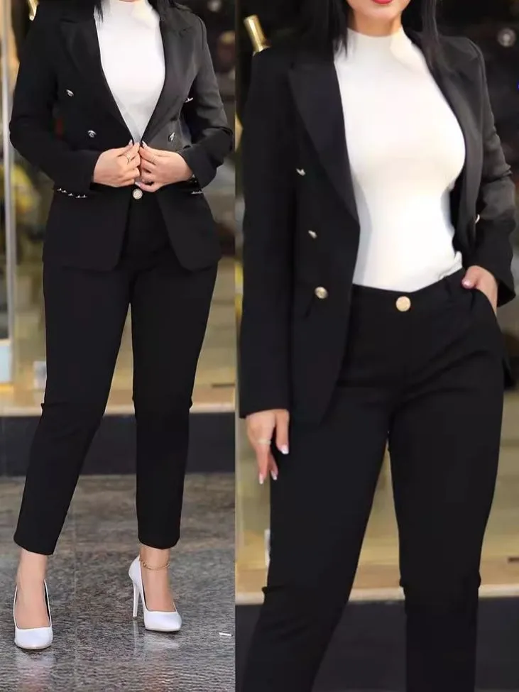 

Осенний женский костюм-двойка: приталенный, однотонный, повседневный, с двубортным пиджаком и брюками, из полиэстера, с длинными рукавами