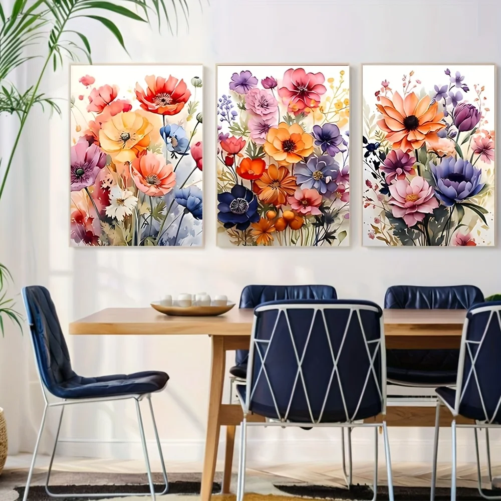 2D Flat 3pcs Unframed Watercolor Flower Wall Art Canvas PrintsWildflower Art Posters Floral Art Bathroom Dorm Wall Decor Set