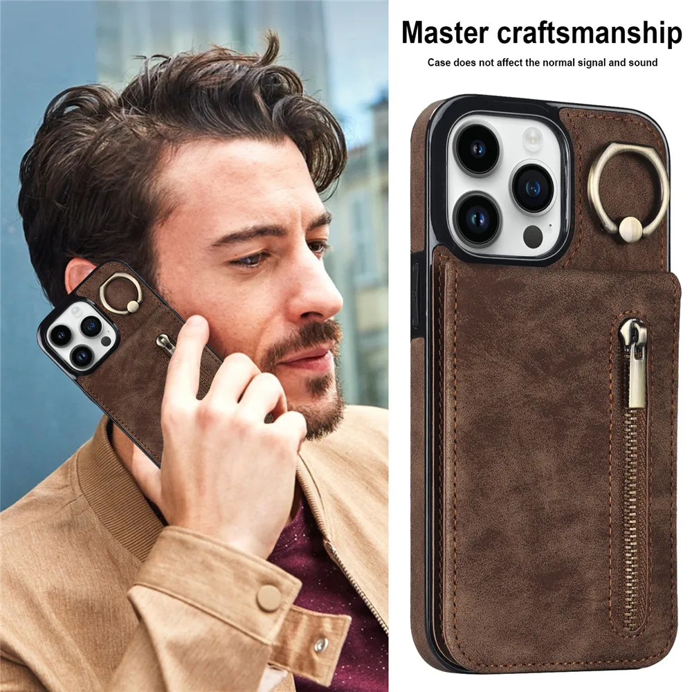 Zipper Cards Holder Leather Wallet Phone Case For iPhone 14 15 16 Pro Max 12 11 13 XS X XR 8 7 Plus Anti-drop Kickstand Cover