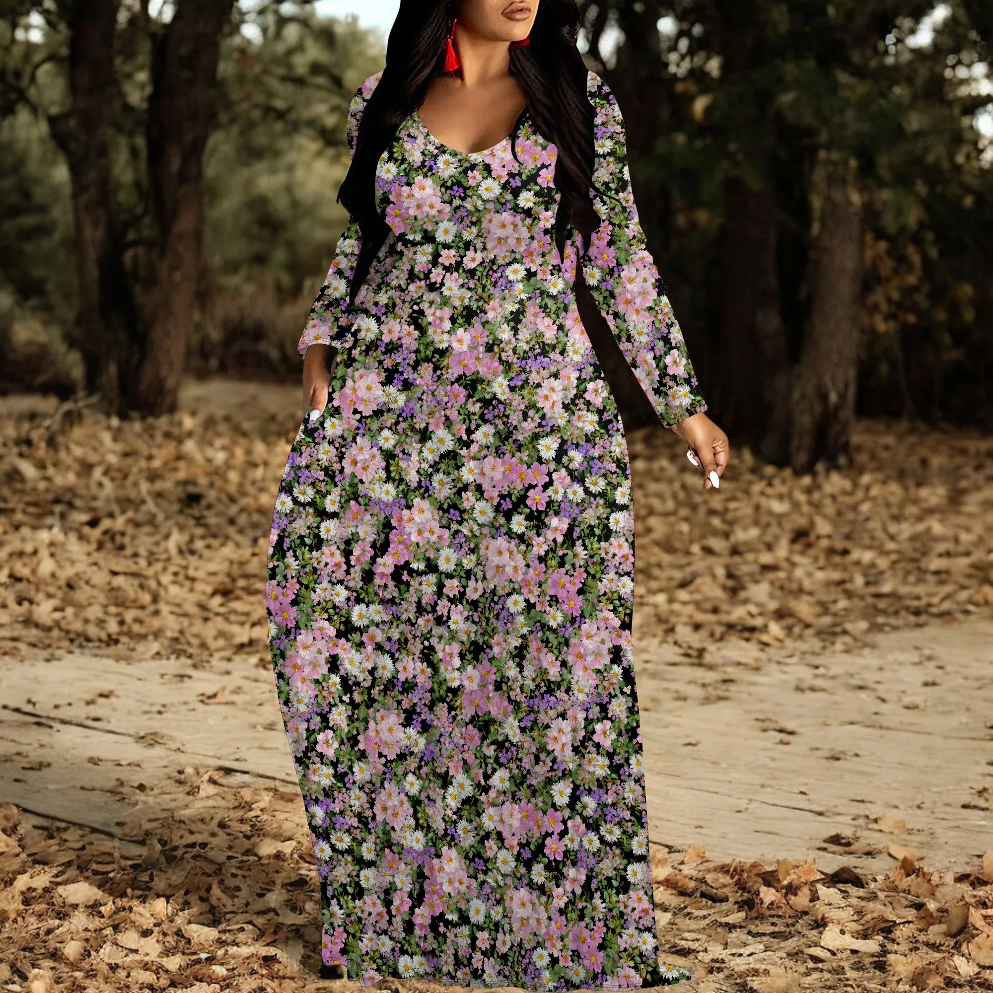 Women's V Neck Maxi Dress Ruffles Full Sleeve Floral Dresses Wedding Guest Sundress with Belt
