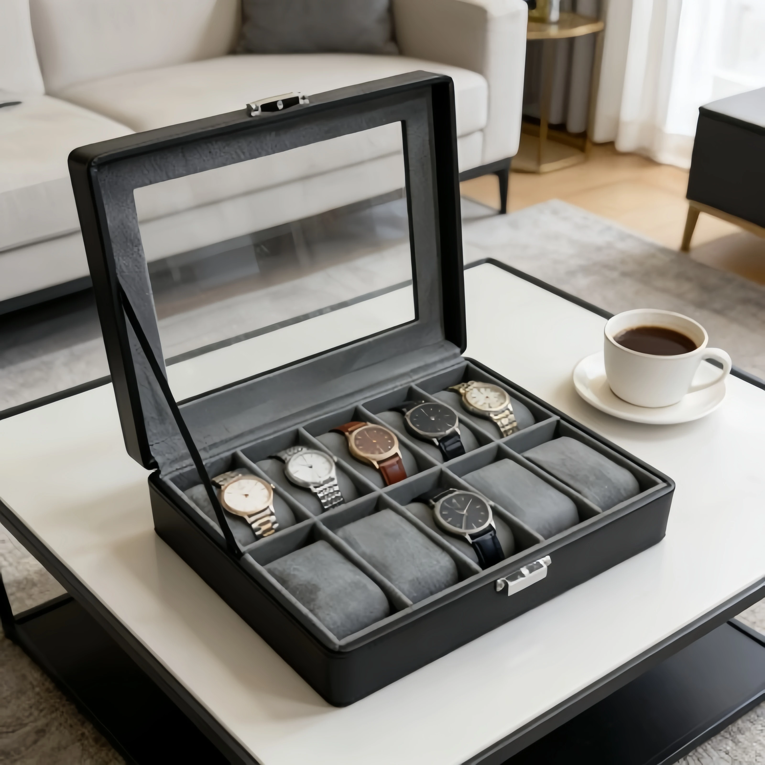 

3PCS Set 10 Slot Leather Watch Box Lockable Watch Organizer with Clear Window + 2PCS Jewelry Box for Men Women Home Travel Gift