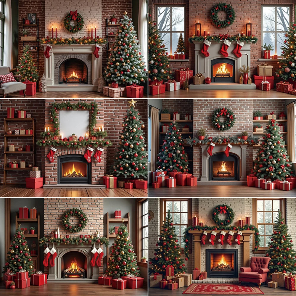 

MOON.QG 2025 Christmas Fireplace Tree Teddy Bear Background Xmas Gift Wreath Curtains Backdrop Children Photo Studio Accessories