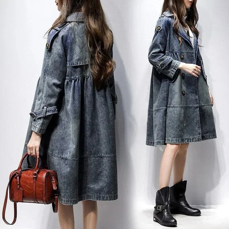 

Women Age Reduction Loose Show Thin Mid-length Hgh Double Breasted European Station Fashion Denim Trench Coat XQ182