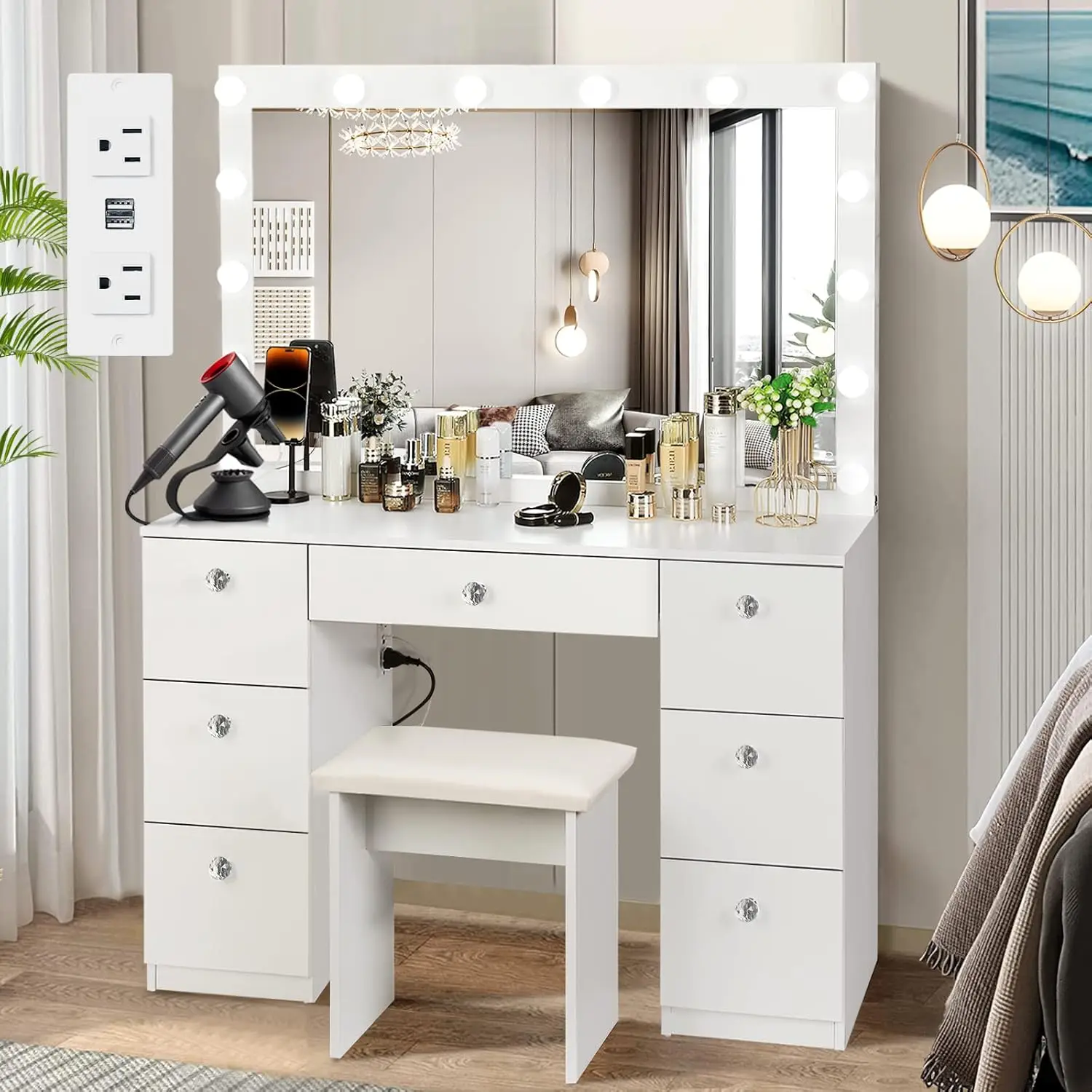 SMOOL Vanity with Lighted Mirror, Makeup Vanity Desk with Power Outlet and LED Bulbs, 3 Color Lighting Modes Adjustable