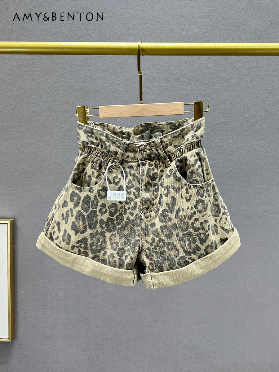 Pantalones cortos de mezclilla para mujer, Shorts de cintura alta, holgados, adelgazantes, estampado de leopardo, estilo Retro americano, Y2K, novedad de verano 2024