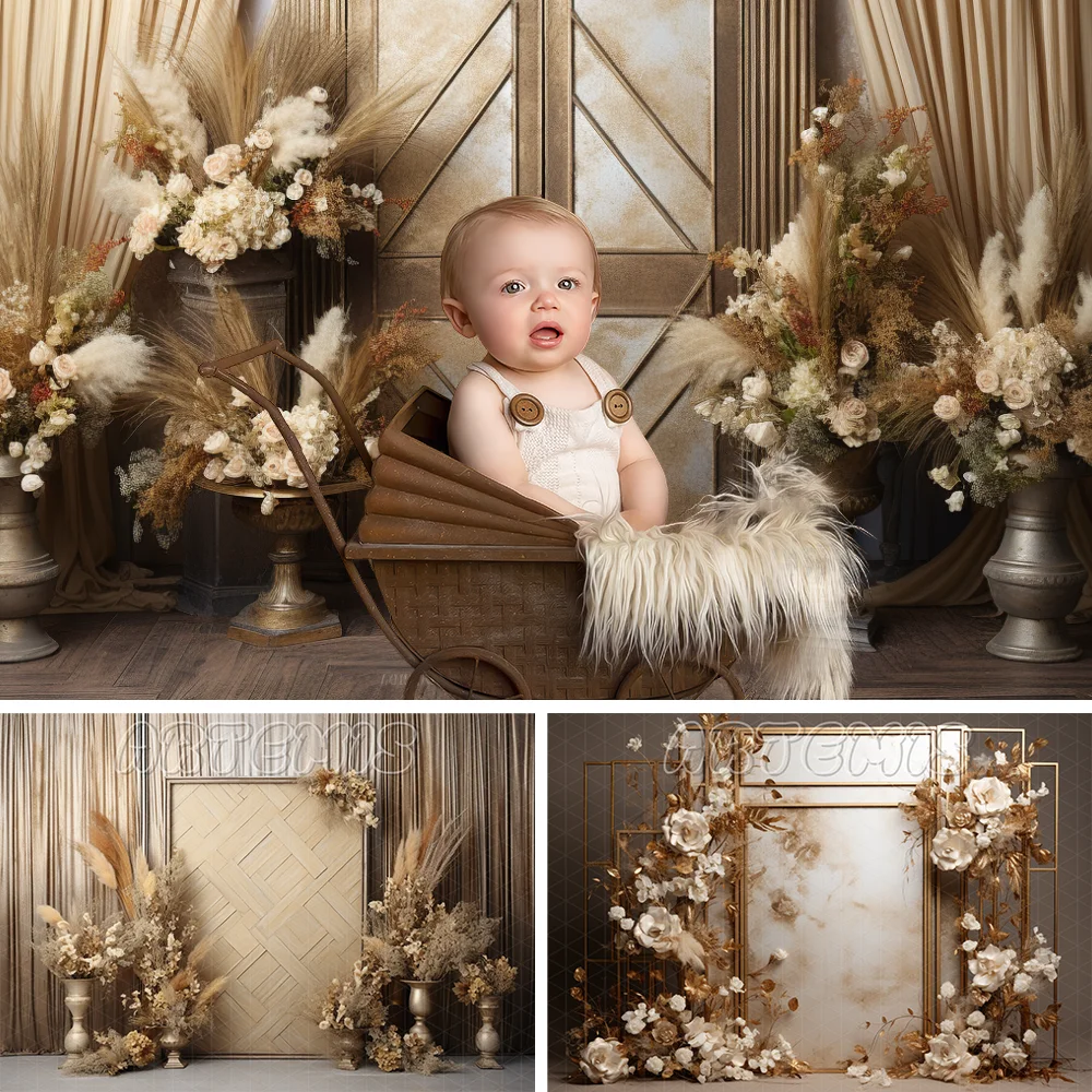 

Spring Photography Backdrop Bronze Gold Decor Frame Rustic Bohemian Style Majestic Birthday Portrait Background Photo Studio