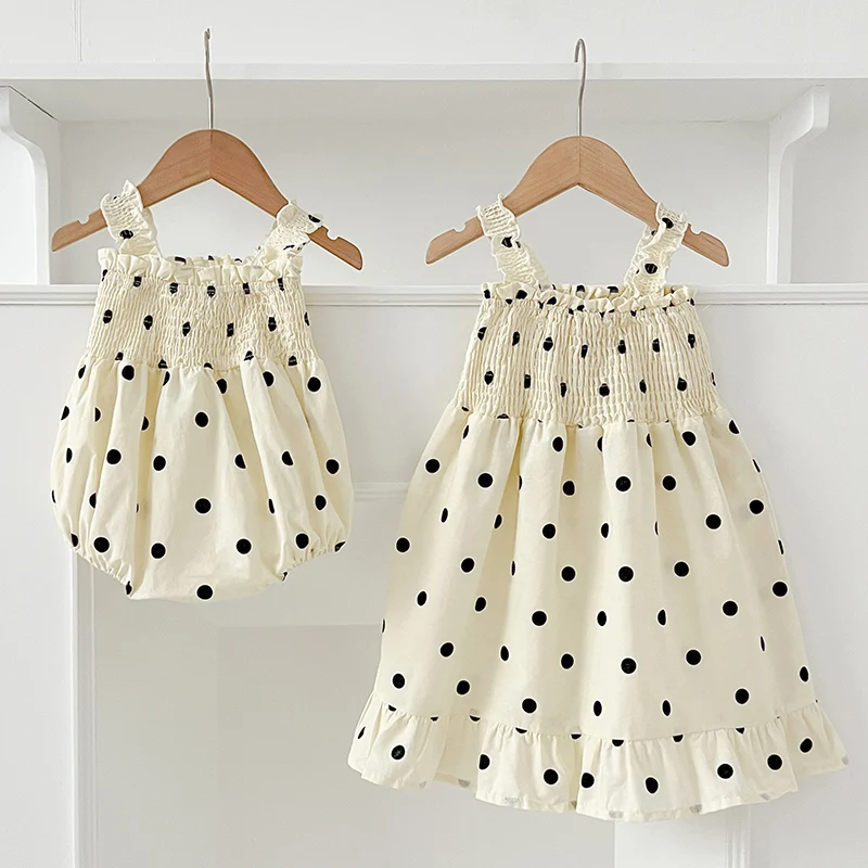 Girls Sister Clothes 1-6Y Toddler Baby Girls Dots Camisole Dress Jumpsuit Summer Sweet Baby Girls Sleeveless Kids Princess Dress