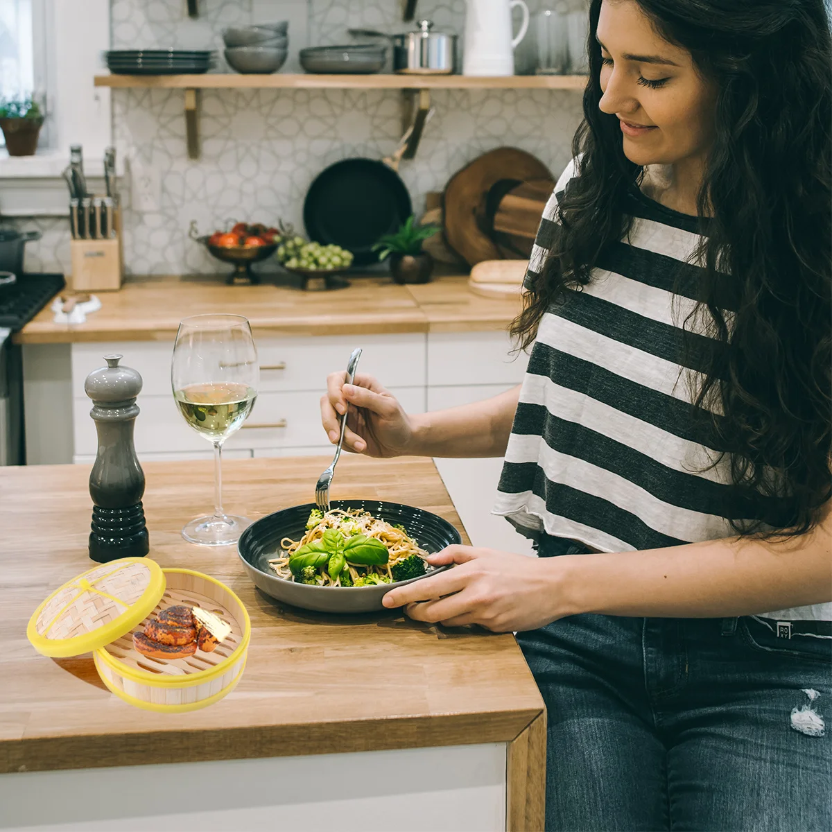 

1Set Bamboo Steamer 20cm Ecofriendly Plastic Banding for Buns Dimsum Dumplings Vegetables Rice Chinese Food