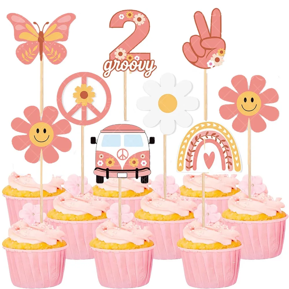 Hippie Party Cupcake Toppers Two Groovy Cupcake Dasiy Flower 60s Retro Boho Cake Decor for Hippie Two Groovy Theme 2nd Birthday