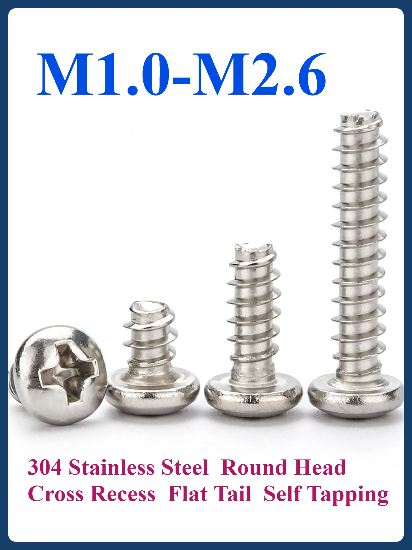 

304 Stainless Steel M1.0 ~M2.6 Round Head Cross Recess Self Tapping Cross Flat Tail Self Tapping Screw （50/100pcs）