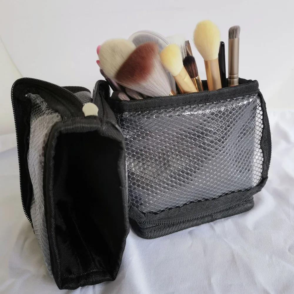 Transparent Makeup Tools Holder Foldable Zipper Mesh Makeup Brush Case Large Capacity Solid Color Stand Cosmetic Bag Travel