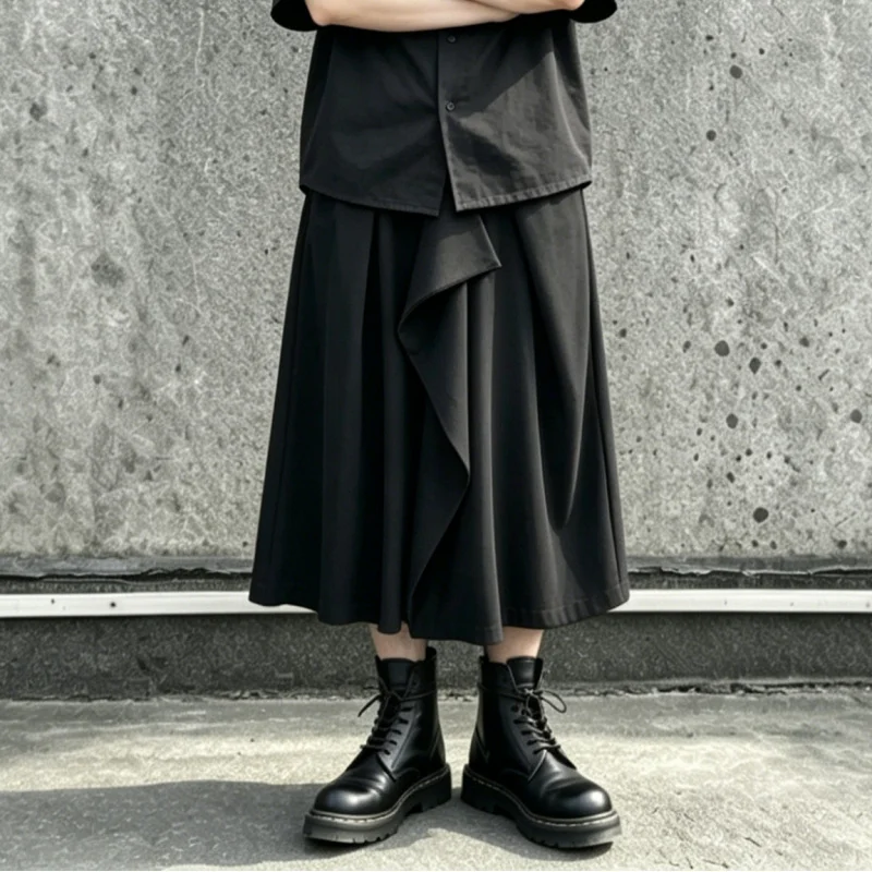 

Men'S Casual Pants, Dark-Toned Irregular Wide-Leg Pants, Loose High-Waisted Design, Cropped Culottes S08