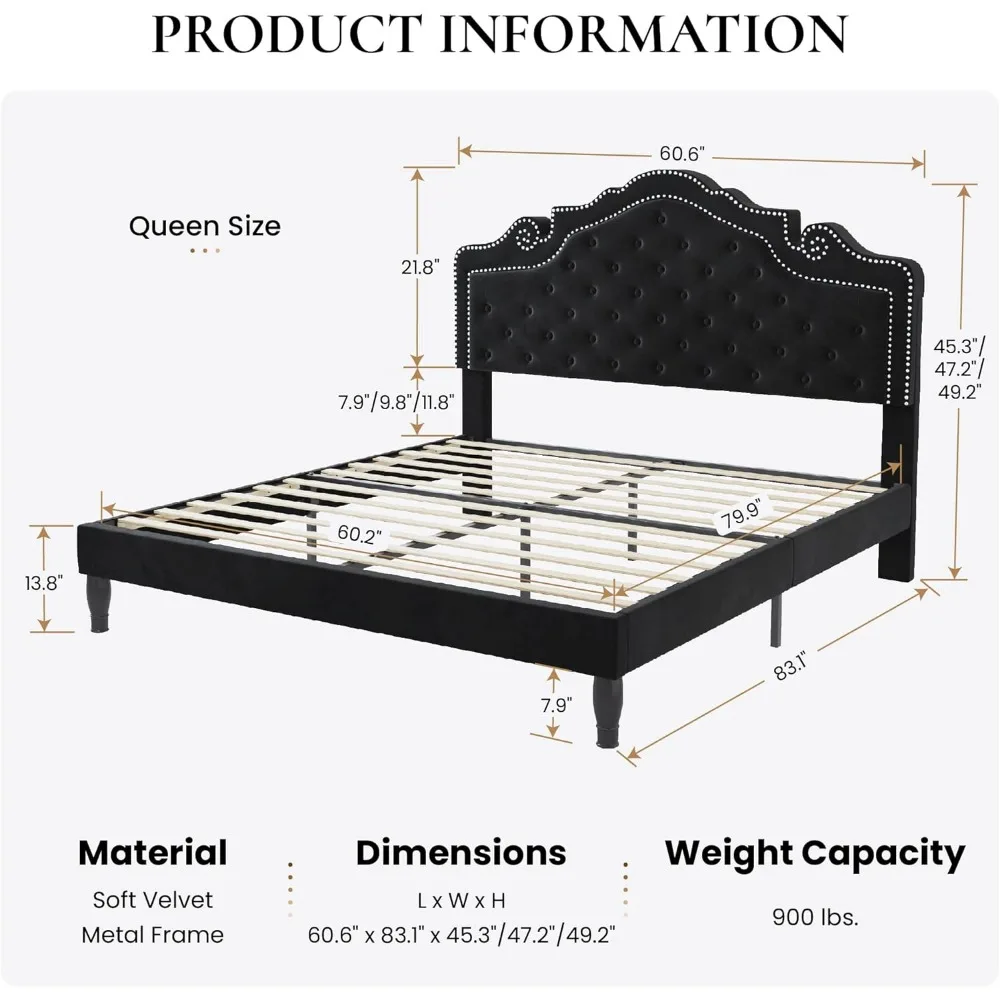 Queen Bed Frame with Adjustable Headboard/Velvet Upholstered/Diamond Button Tufted&Metal Studs /Wood Slat Support/Easy Assembly