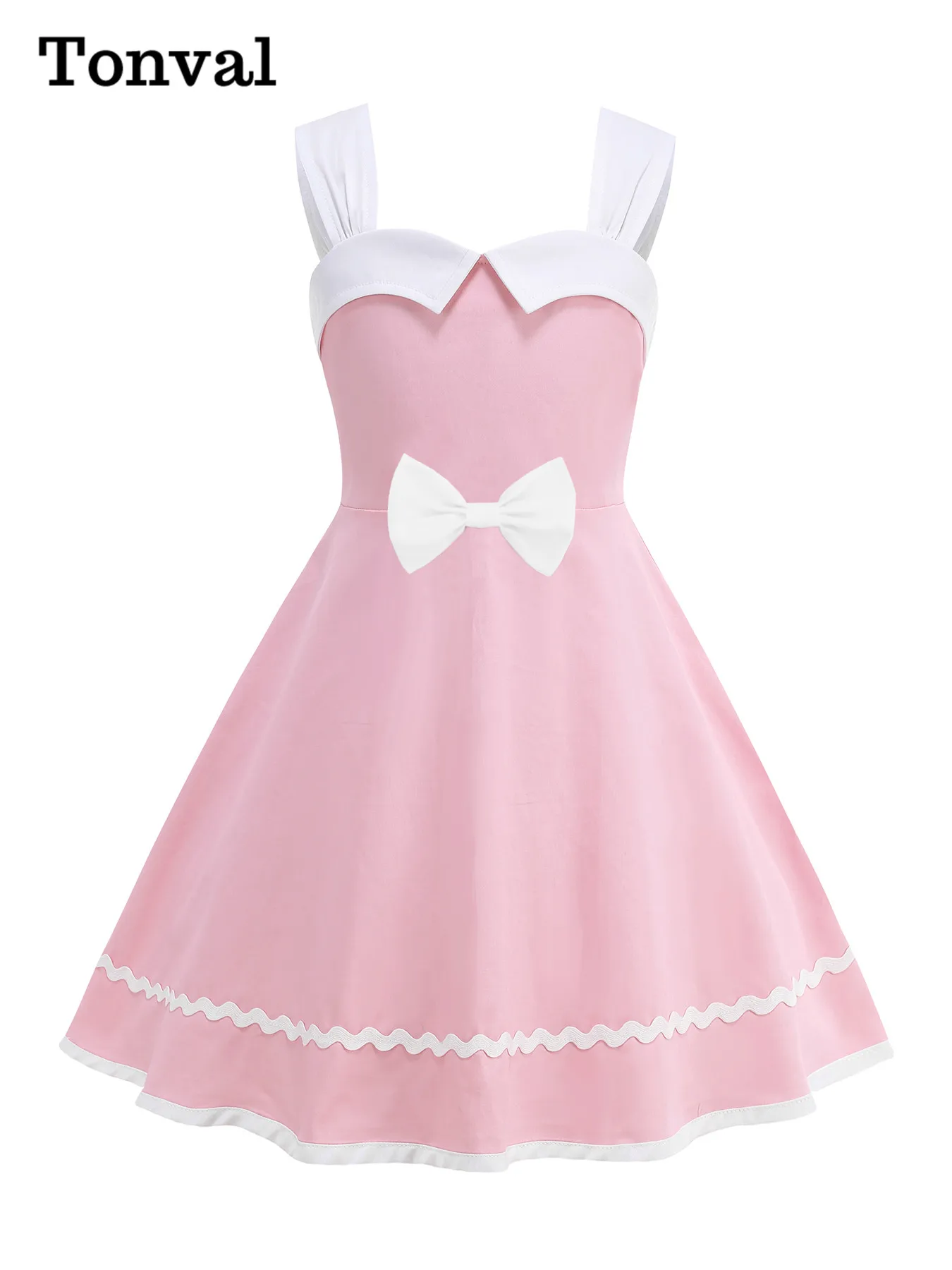 Tonval Bow Front Cute Girls Princess Dresses Sweetheart Neck Pink and White Summer Kids Vintage Sleeveless Tank Dress